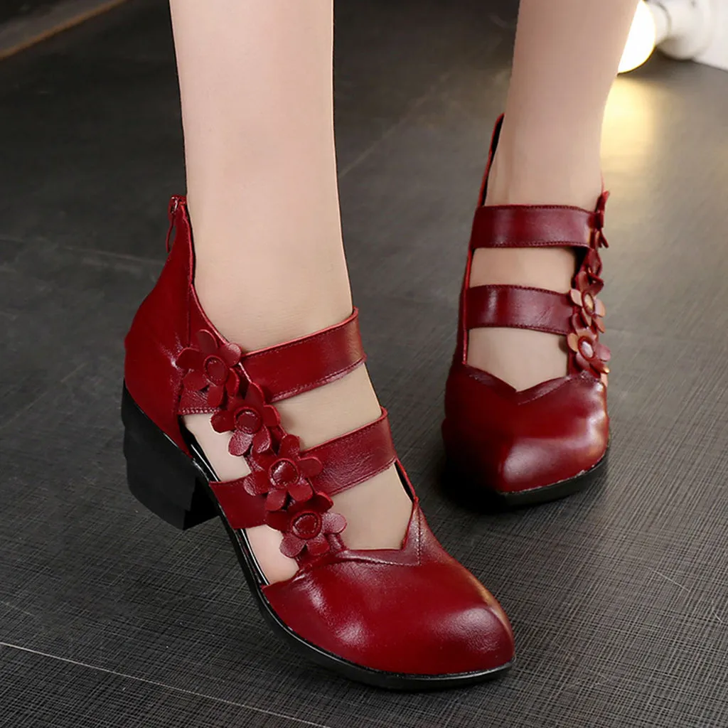[Clearance] Ethnic Handmade Leather Summer Chunky Sandals (Red 36)