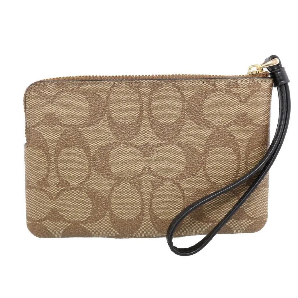 Coach Women's Khaki & Black Corner Zip Wristlet In Signature Canvas