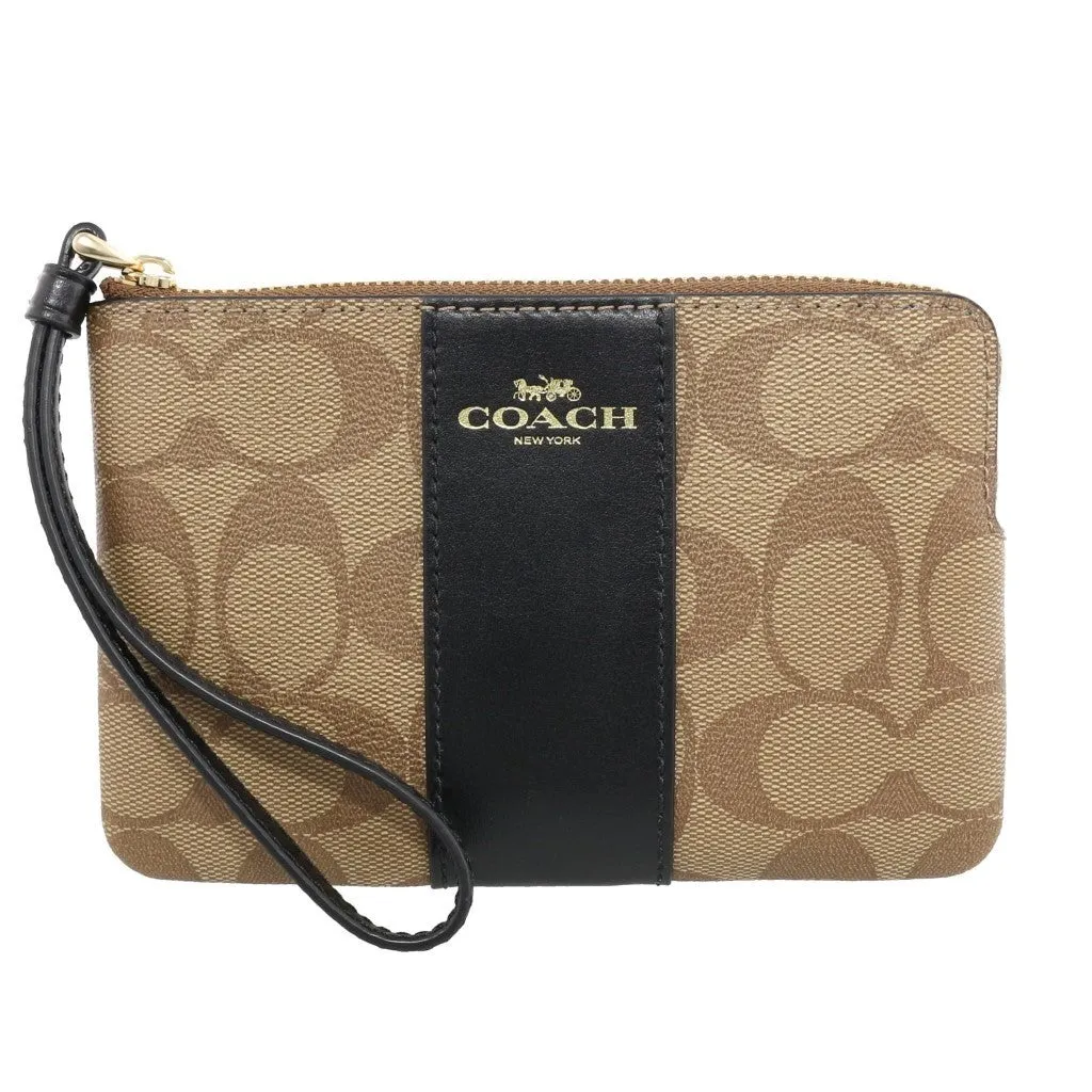Coach Women's Khaki & Black Corner Zip Wristlet In Signature Canvas