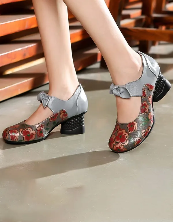 Ethnic Style Printed Leather Chunky Sandals