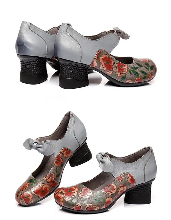 Ethnic Style Printed Leather Chunky Sandals
