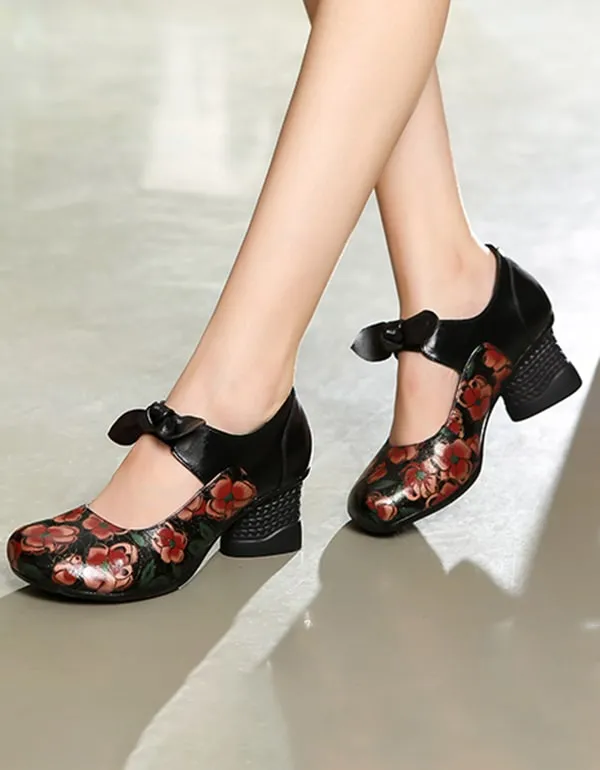 Ethnic Style Printed Leather Chunky Sandals