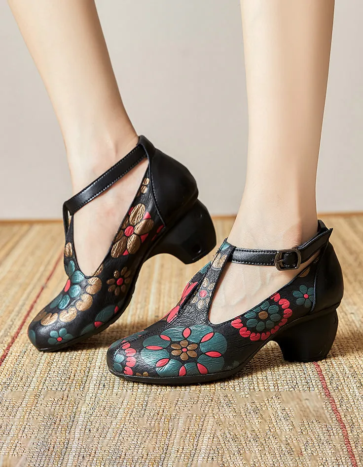 Flower Printed Leather T-strap Chunky Heels