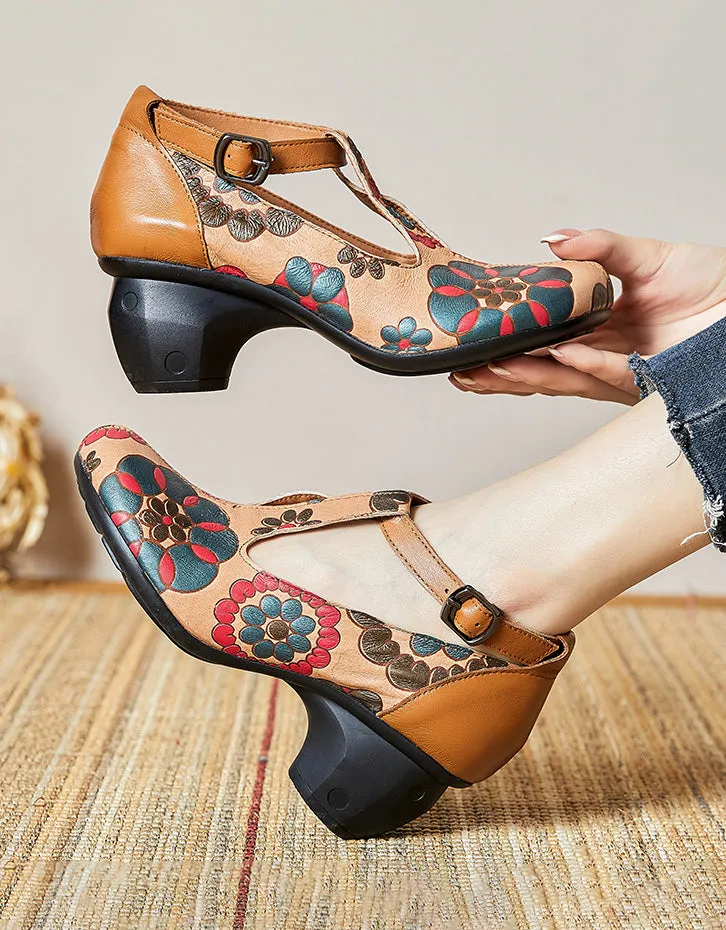 Flower Printed Leather T-strap Chunky Heels