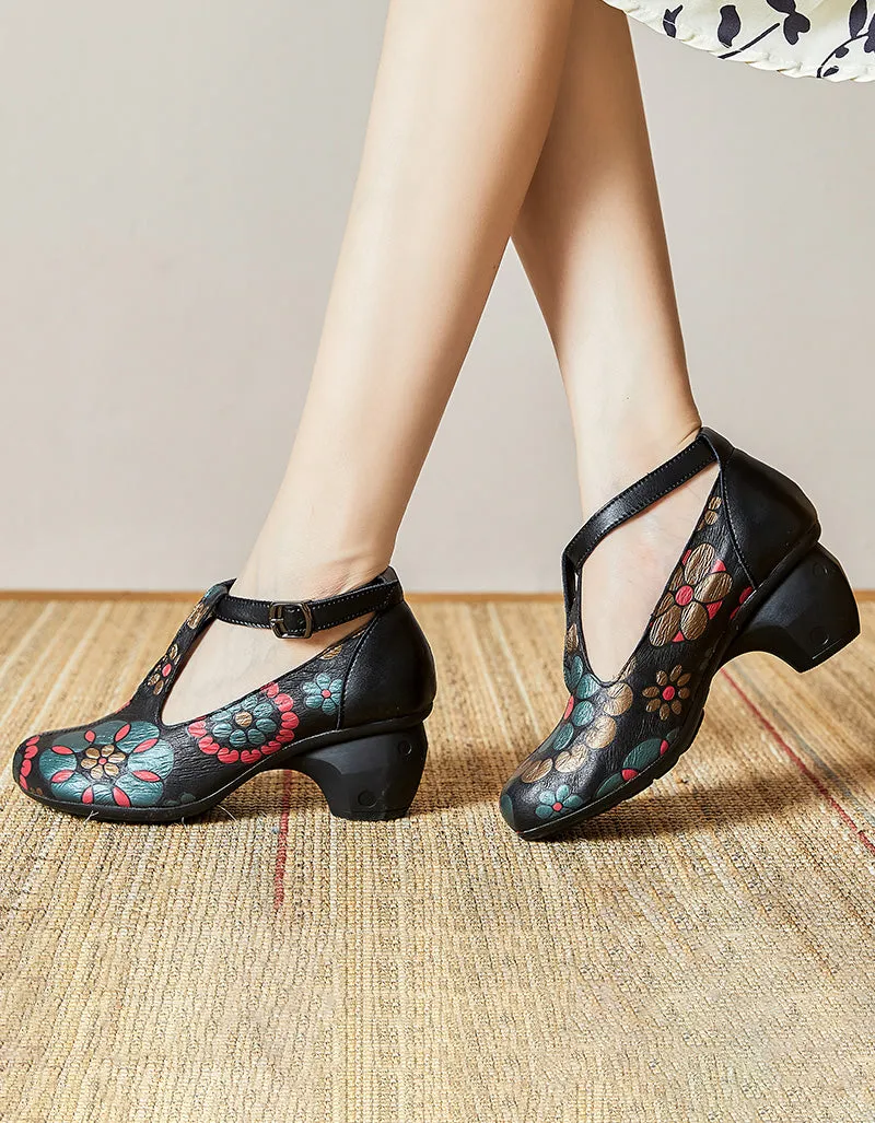 Flower Printed Leather T-strap Chunky Heels