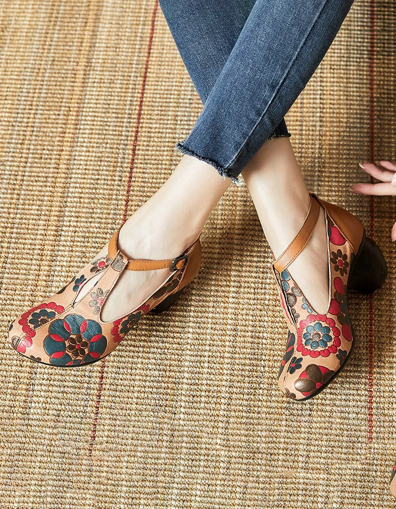Flower Printed Leather T-strap Chunky Heels