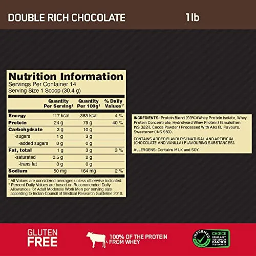 Optimum Nutrition (ON) Gold Standard 100% Whey Protein Powder - 1 lb (Double Rich Chocolate), Primary Source Isolate