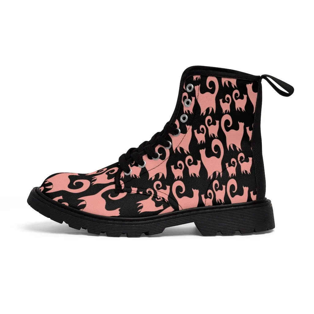 Pink Snobby Cats Pattern Women's Canvas Boots