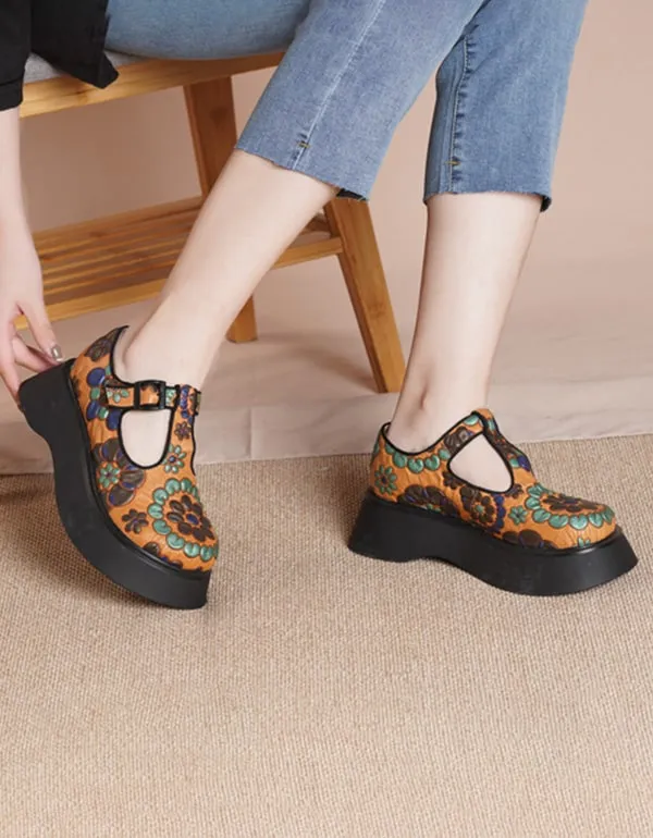 Platform Round Head Ethnic Style Printed Shoes