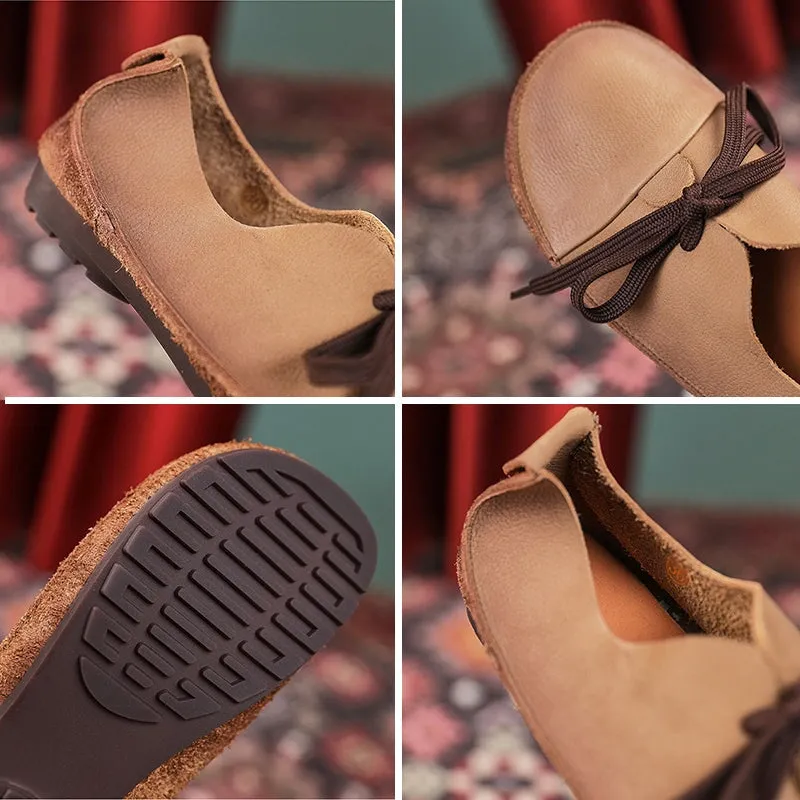 Soft Leather Lace-Up Casual Shoes Retro Flats in Grey/Khaki