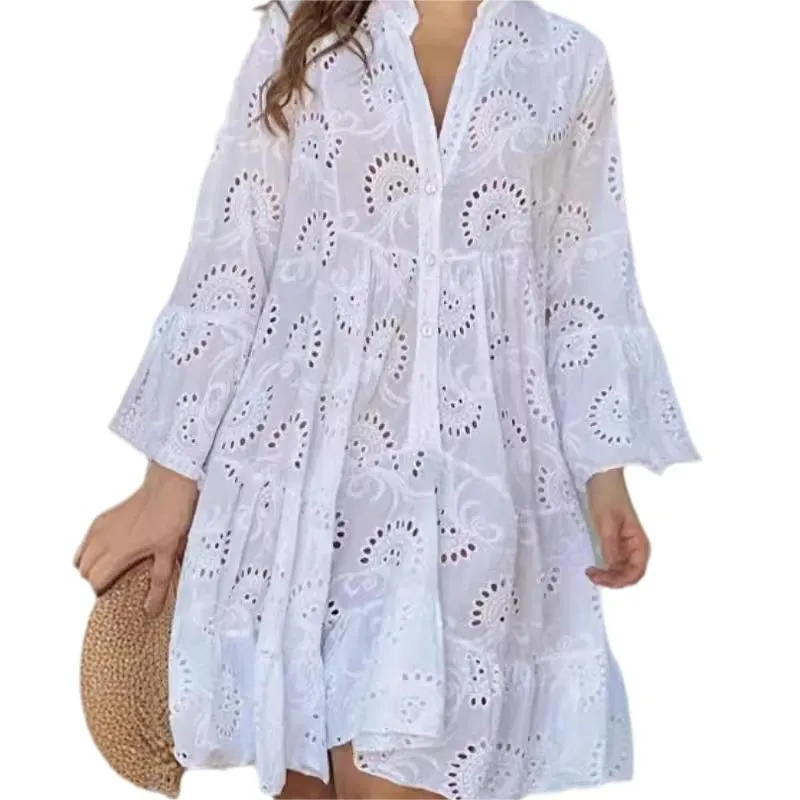 Solid Color V-Neck Loose Hollow Out Dress