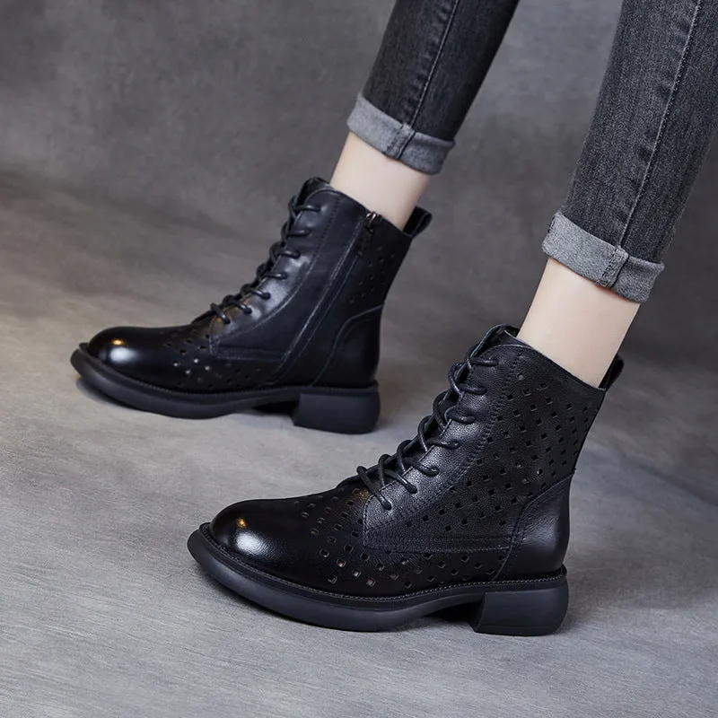 Spring New Hollow Martin Boots Leather Short Boots Fashion Retro Style Women's Boots Side Zipper Low Tube Women's Shoes
