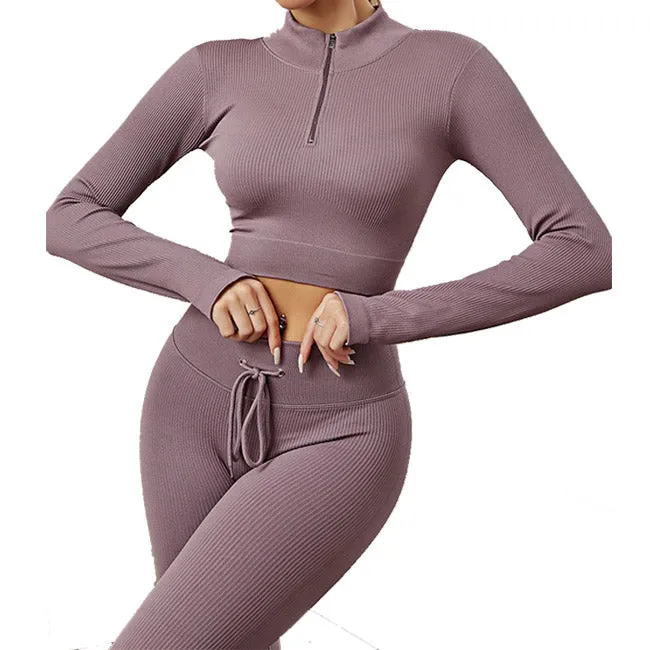 Womens High Waisted Workout  2 Piece Sets Crop Top and Sweatsuit  Pants Seamless Sports Legging  Yoga Gym Outfits Pinstripe elasticity structure