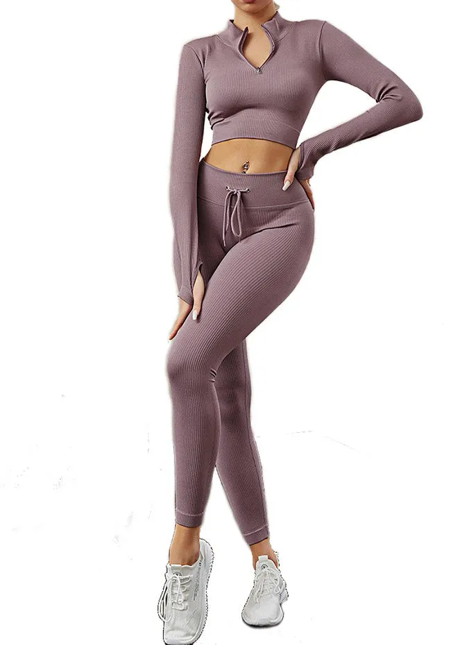 Womens High Waisted Workout  2 Piece Sets Crop Top and Sweatsuit  Pants Seamless Sports Legging  Yoga Gym Outfits Pinstripe elasticity structure