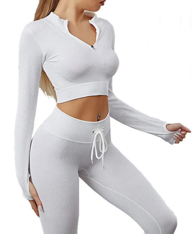 Womens High Waisted Workout  2 Piece Sets Crop Top and Sweatsuit  Pants Seamless Sports Legging  Yoga Gym Outfits Pinstripe elasticity structure