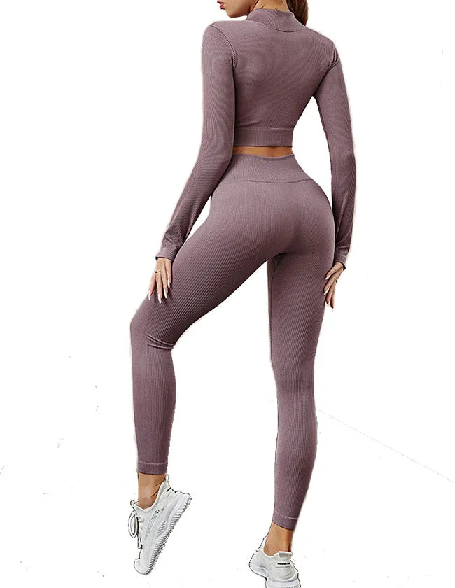 Womens High Waisted Workout  2 Piece Sets Crop Top and Sweatsuit  Pants Seamless Sports Legging  Yoga Gym Outfits Pinstripe elasticity structure