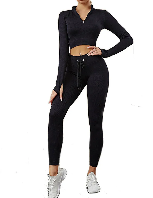 Womens High Waisted Workout  2 Piece Sets Crop Top and Sweatsuit  Pants Seamless Sports Legging  Yoga Gym Outfits Pinstripe elasticity structure