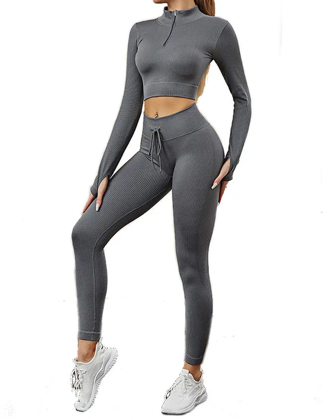 Womens High Waisted Workout  2 Piece Sets Crop Top and Sweatsuit  Pants Seamless Sports Legging  Yoga Gym Outfits Pinstripe elasticity structure