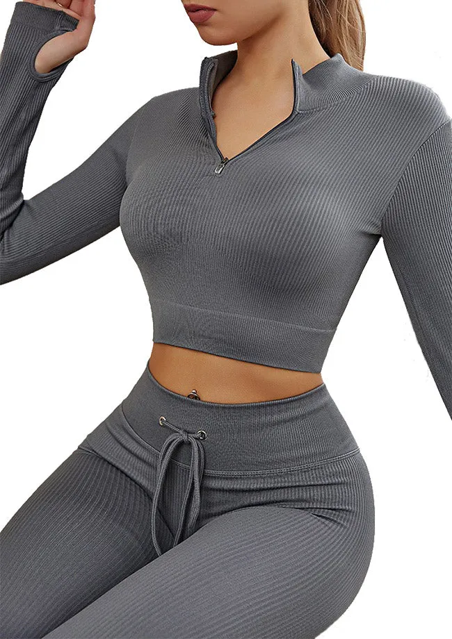 Womens High Waisted Workout  2 Piece Sets Crop Top and Sweatsuit  Pants Seamless Sports Legging  Yoga Gym Outfits Pinstripe elasticity structure