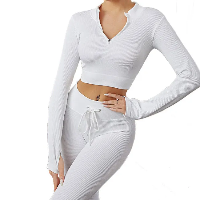 Womens High Waisted Workout  2 Piece Sets Crop Top and Sweatsuit  Pants Seamless Sports Legging  Yoga Gym Outfits Pinstripe elasticity structure