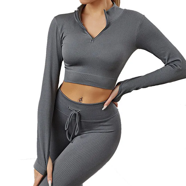 Womens High Waisted Workout  2 Piece Sets Crop Top and Sweatsuit  Pants Seamless Sports Legging  Yoga Gym Outfits Pinstripe elasticity structure