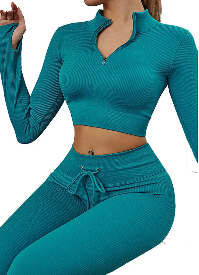 Womens High Waisted Workout  2 Piece Sets Crop Top and Sweatsuit  Pants Seamless Sports Legging  Yoga Gym Outfits Pinstripe elasticity structure