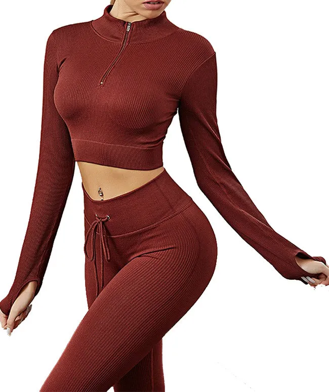 Womens High Waisted Workout  2 Piece Sets Crop Top and Sweatsuit  Pants Seamless Sports Legging  Yoga Gym Outfits Pinstripe elasticity structure