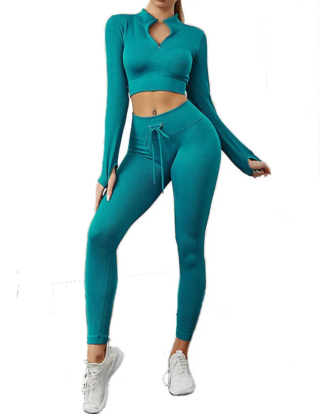 Womens High Waisted Workout  2 Piece Sets Crop Top and Sweatsuit  Pants Seamless Sports Legging  Yoga Gym Outfits Pinstripe elasticity structure