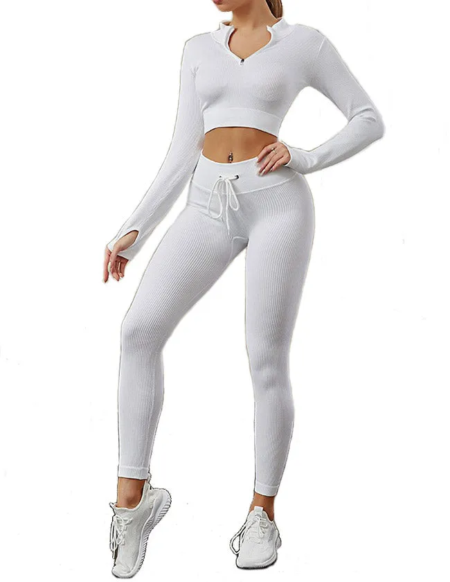 Womens High Waisted Workout  2 Piece Sets Crop Top and Sweatsuit  Pants Seamless Sports Legging  Yoga Gym Outfits Pinstripe elasticity structure